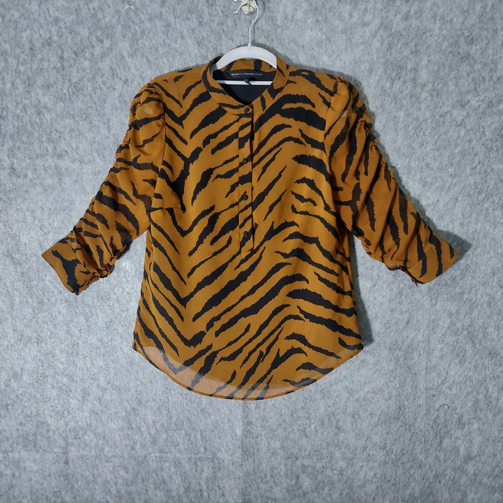 White House Black Market Blouse XS Tiger Button Cinched‎ Sleeve Mob Wife Edgy